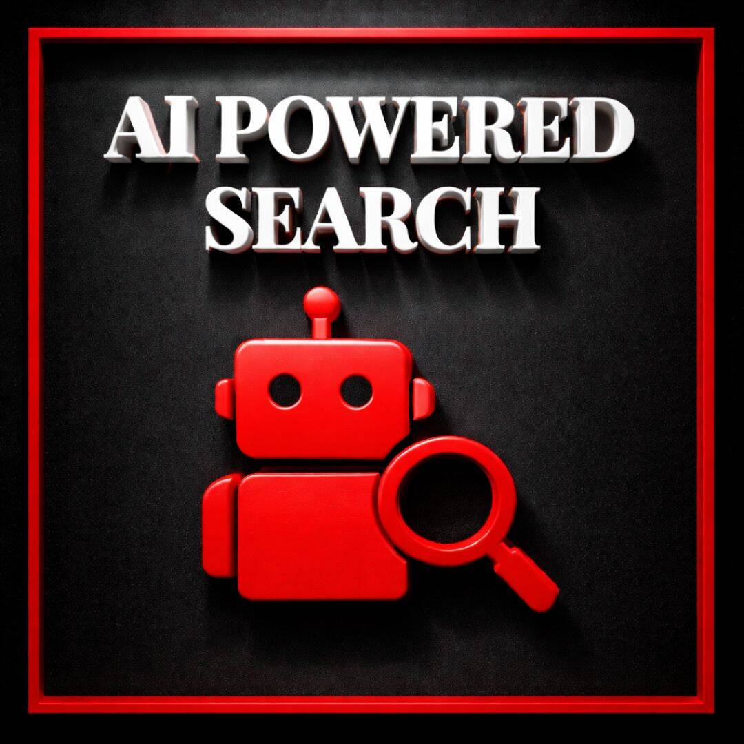 A black, white and red graphic showing AI powered search