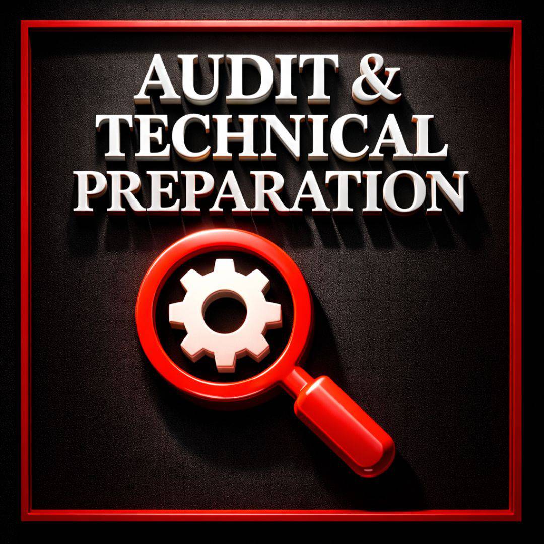 A black, white and red graphic showing website audit & technical preparation