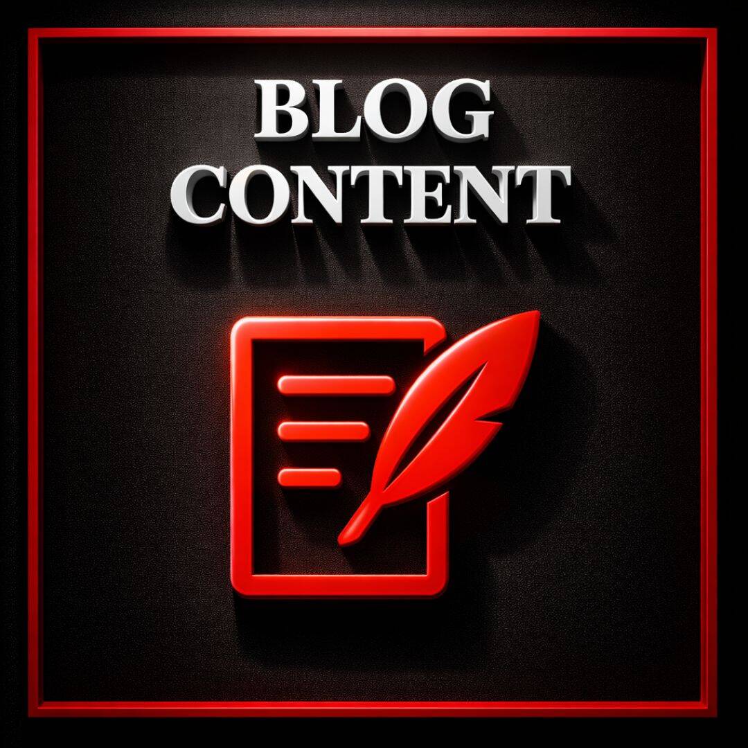 A black, white and red graphic showing blog content
