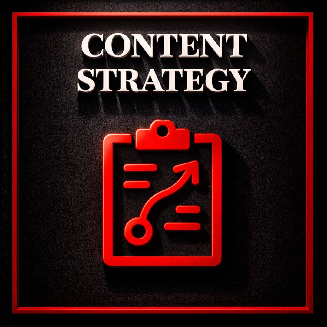 A black, white and red graphic showing content strategy