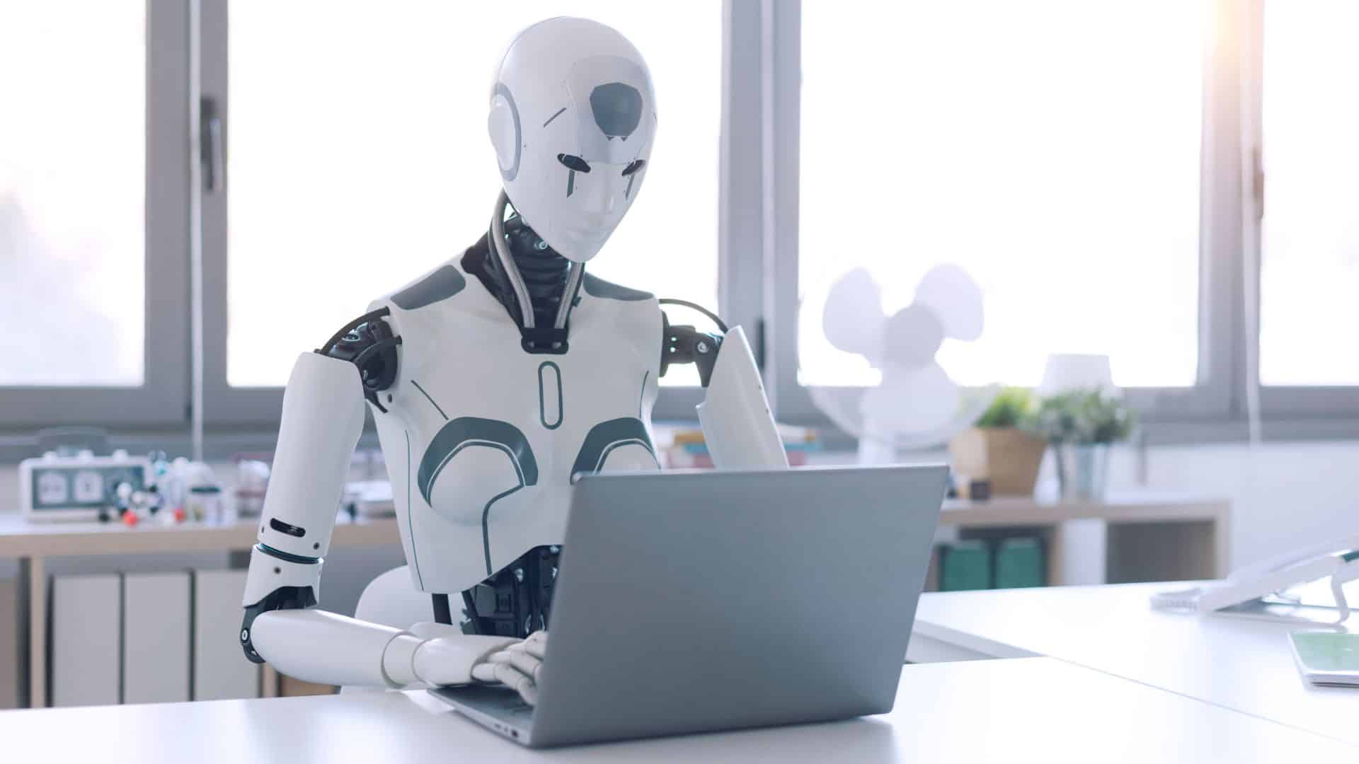 AI Robot writing personal injury SEO content on a laptop