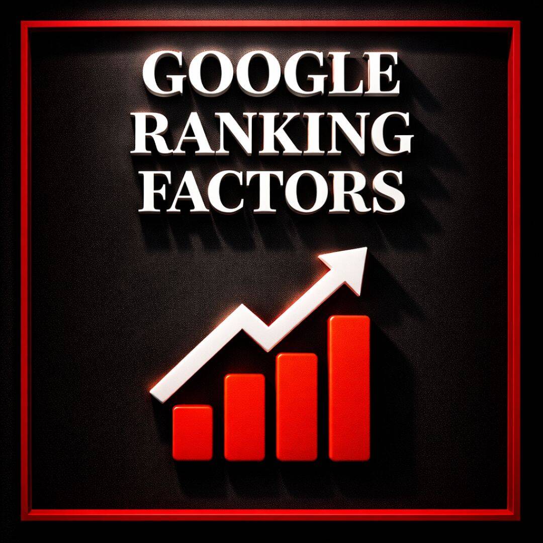 A black, white and red graphic showing google ranking factors