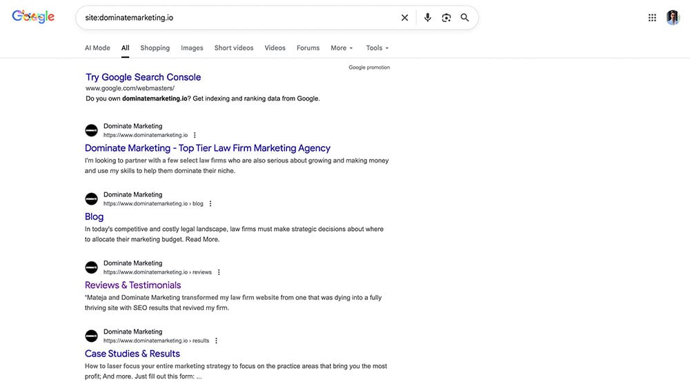 Google site: search example
