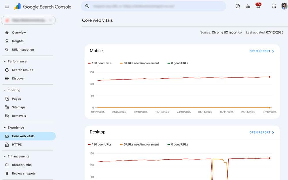 Screenshot of Google Search Console Core Web Vitals Report