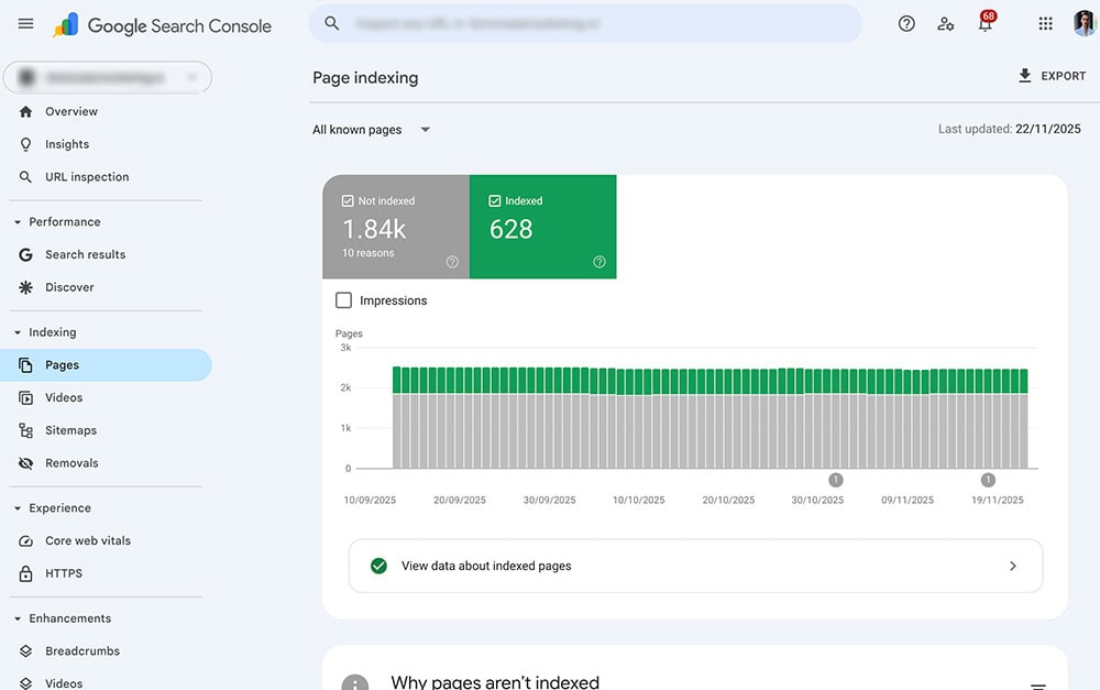 Screenshot of Google Search Console Pages report