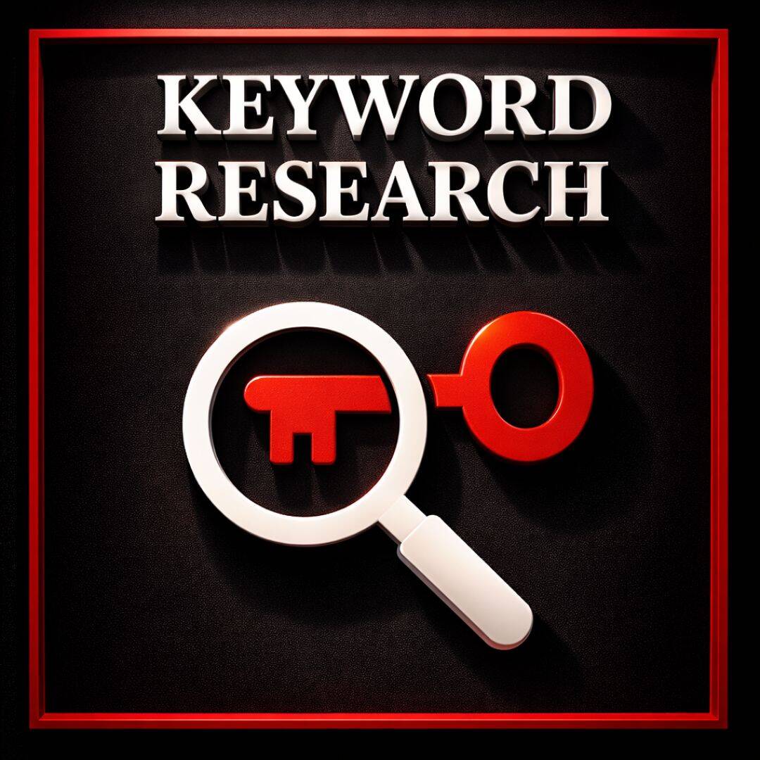 A black, white and red graphic showing keyword research