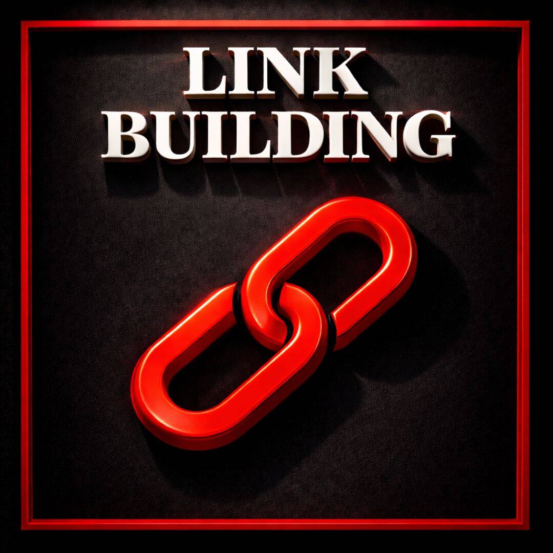 A black, white and red graphic showing link building