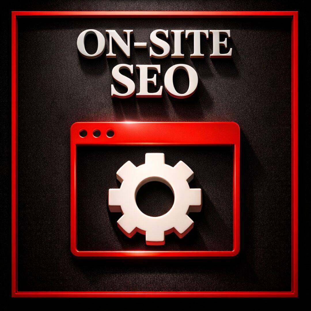 A black, white and red graphic showing on-site SEO