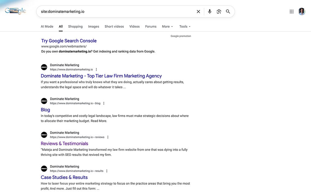 Screenshot of Google results showing site:url results