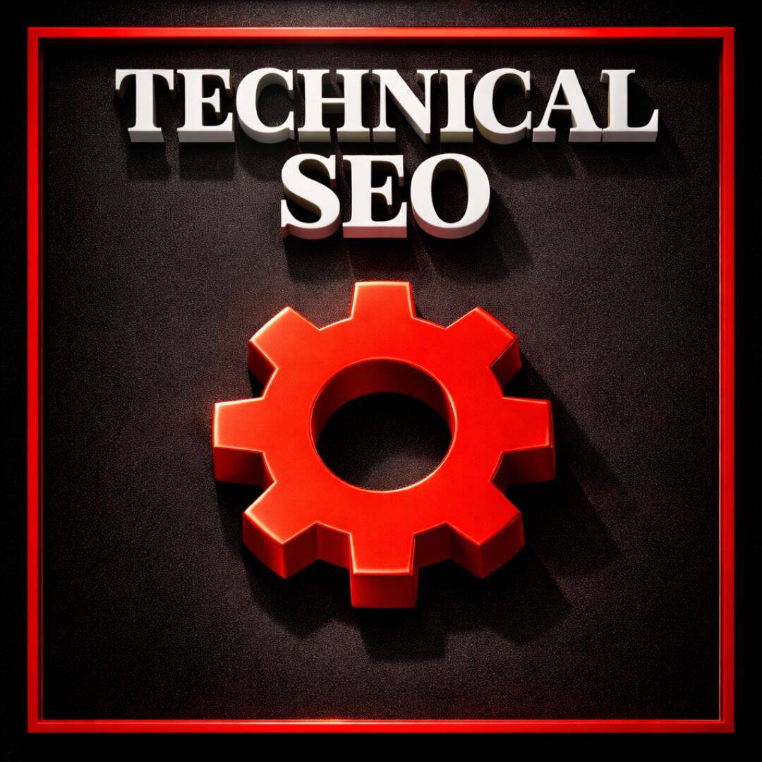 A black, white and red graphic showing technical SEO
