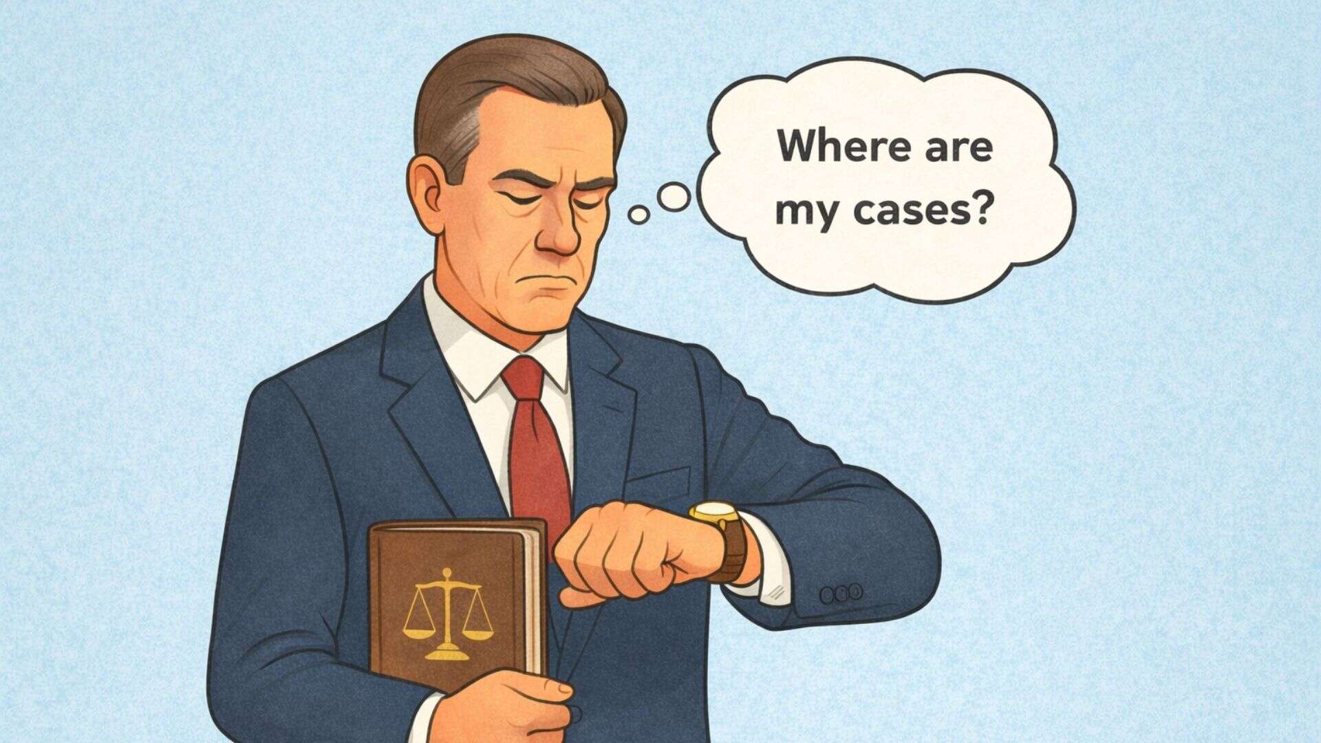 A cartoon depiction of a personal injury lawyer checking his watch and wondering how long his SEO will take to bring him cases