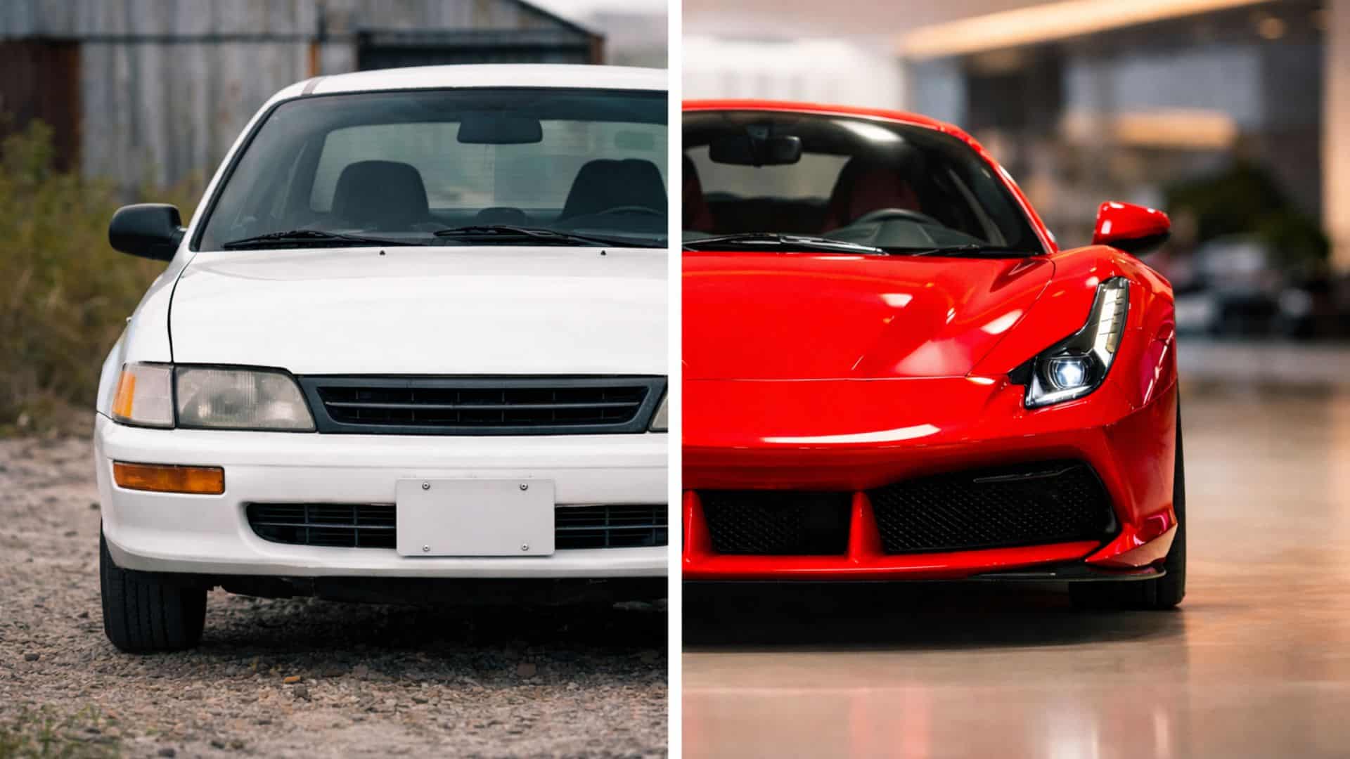 Old cheap car vs new expensive supercar, symbolizing the different between budget SEO vendors and personal injury SEO specialists