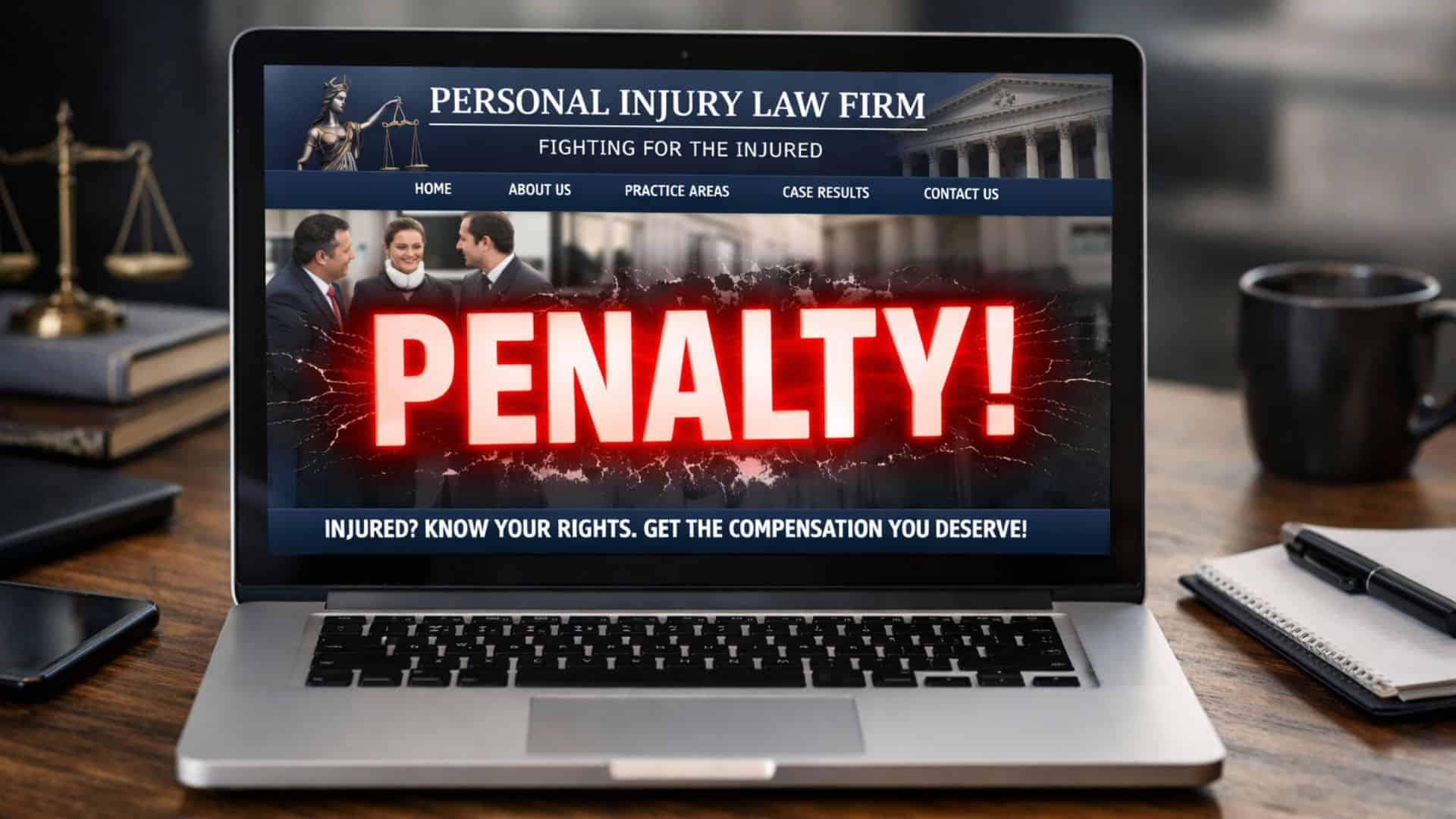 A laptop showing a personal injury law firm's website and big PENALTY letters