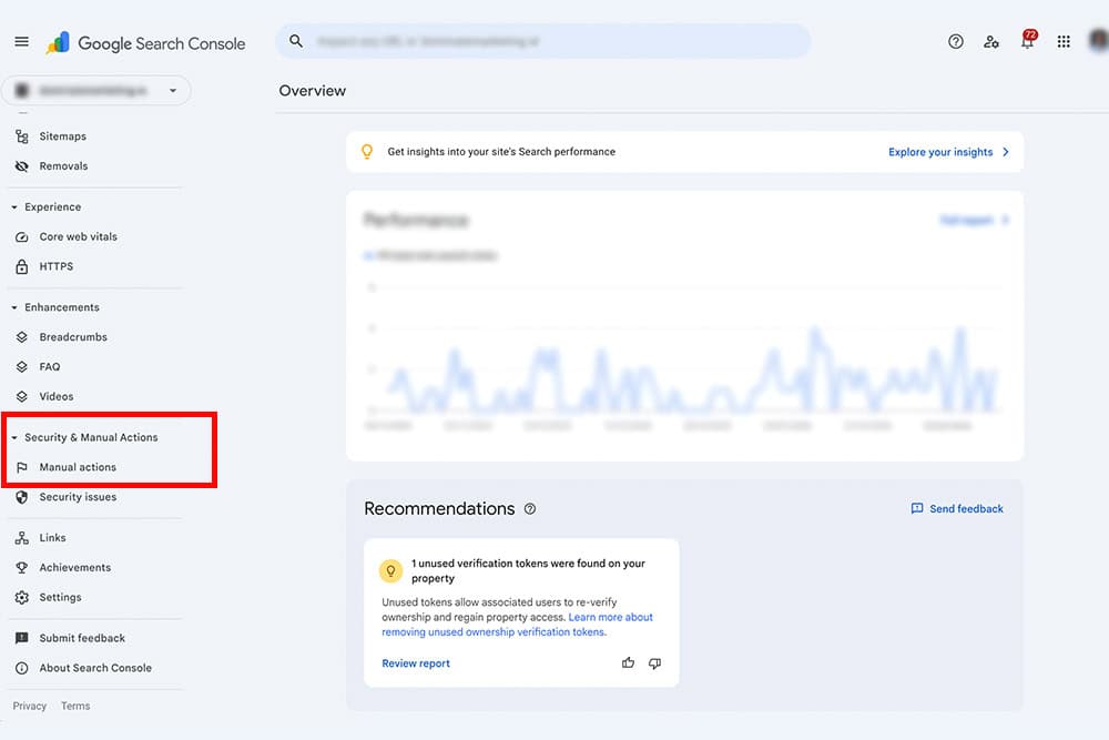 Google Search Console showing where to see manual action penalty notice