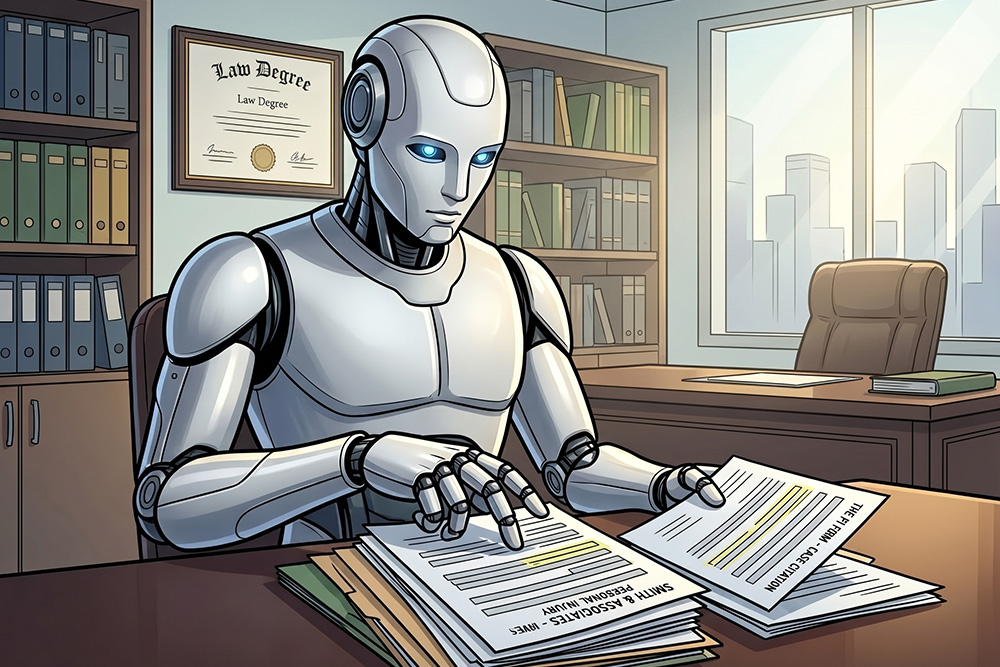 A cartoon of an AI robot looking a papers, deciding what to cite in its responses