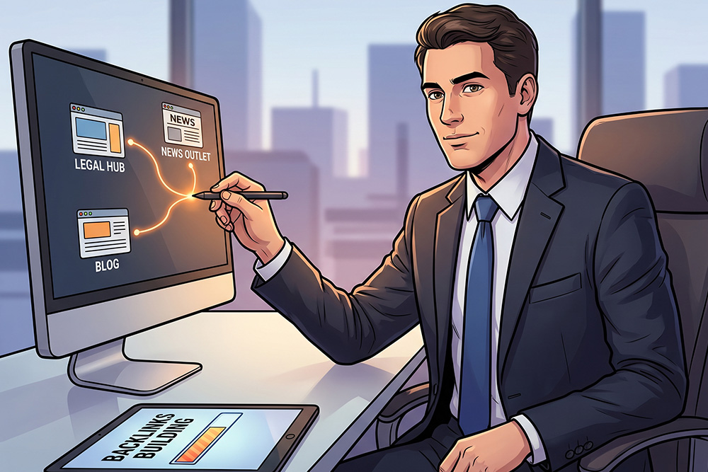 A cartoon of a personal injury lawyer making backlinks for his website