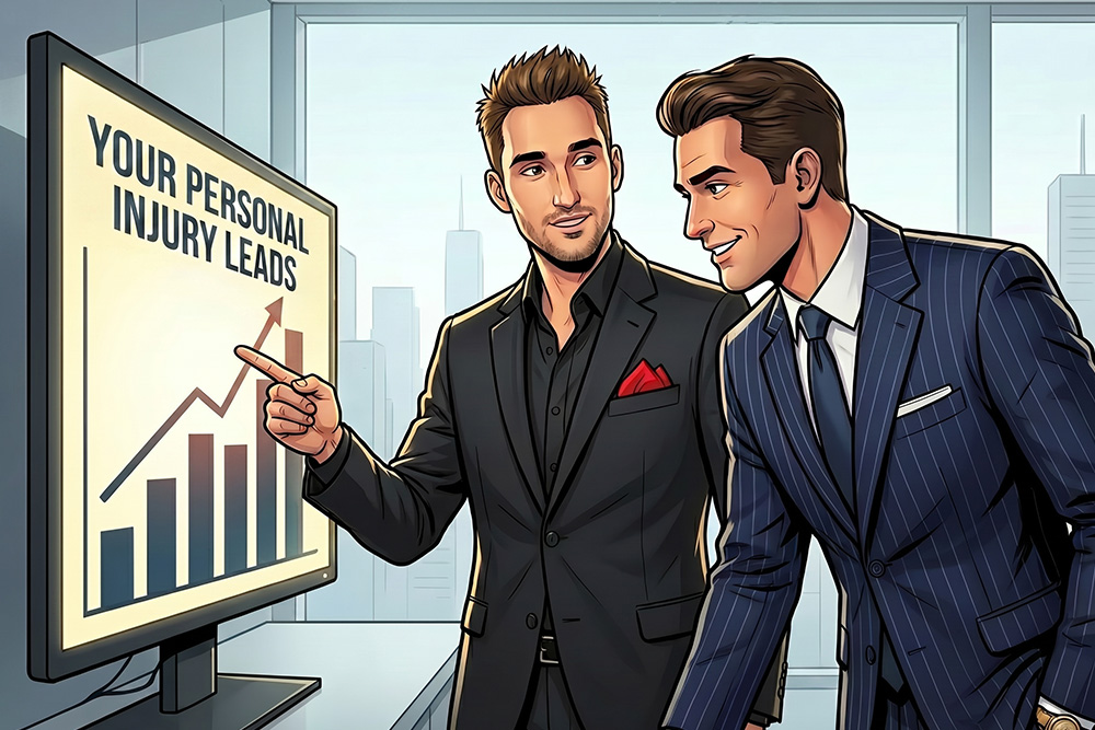 A cartoon of SEO expert, Mateja Matic, from Dominate Marketing, helping a personal injury lawyer get more leads with SEO