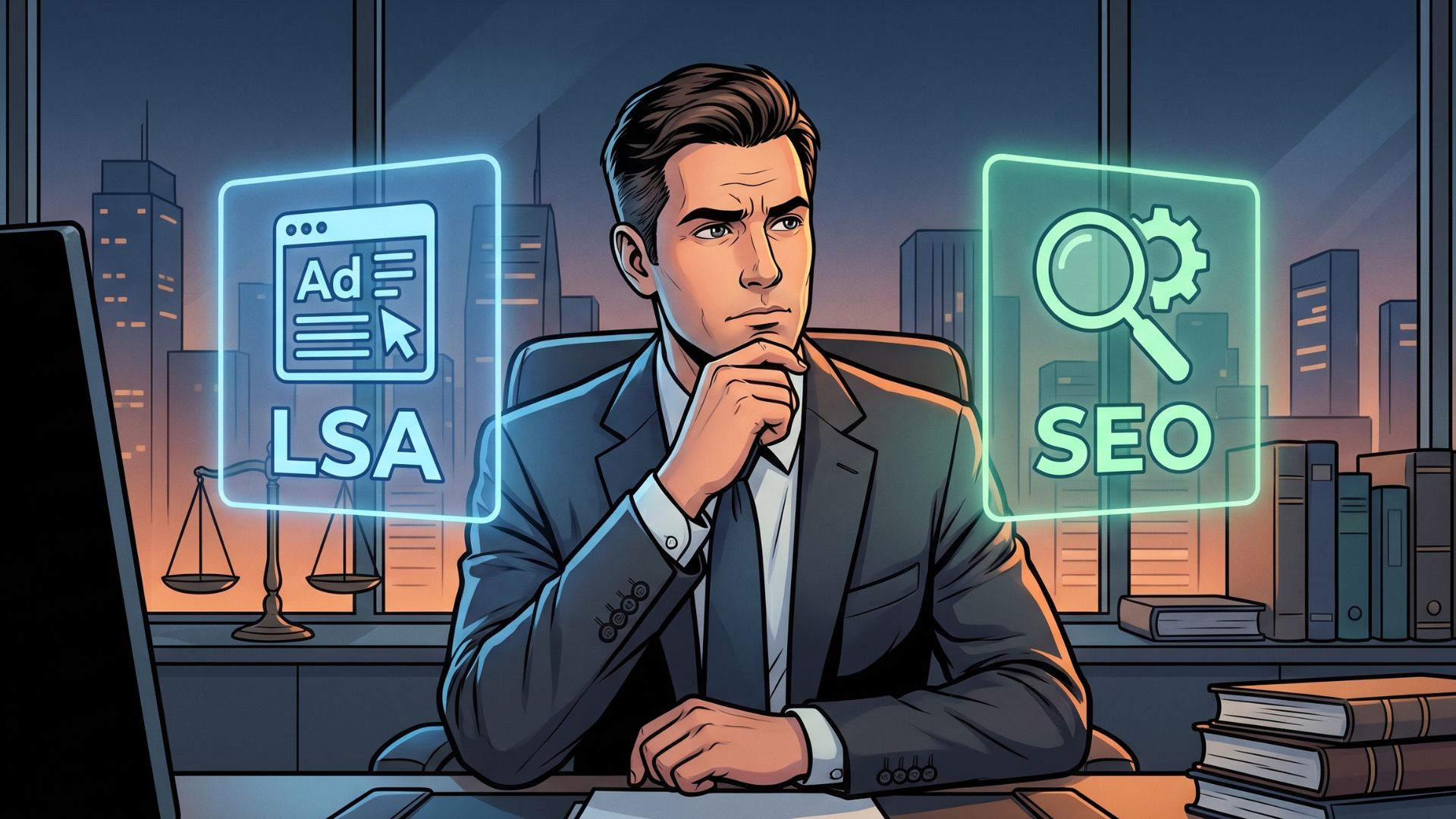 A cartoon depiction of a personal injury lawyer trying to decide between Google LSAs or SEO for his firm